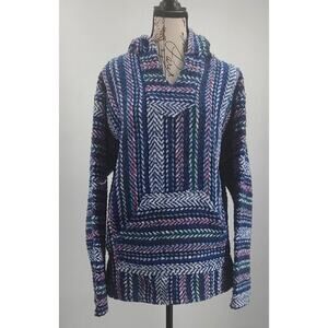 Baja Joe Mexicali poncho Hoodie Blue Size Medium Hippie surfer Boho Casual